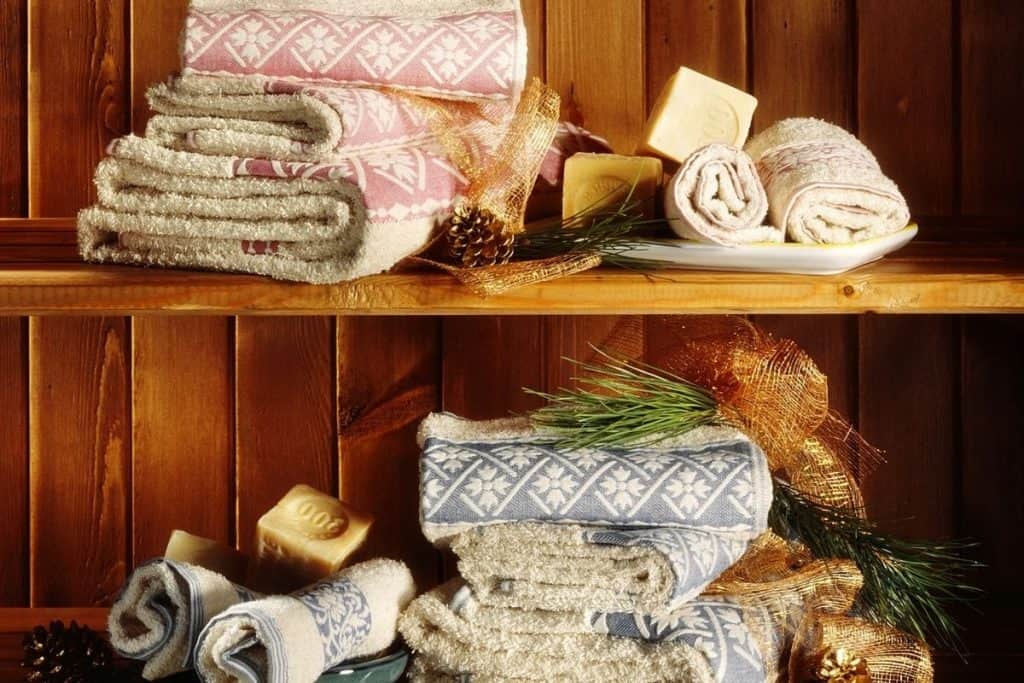 bathroom linens on a shelf