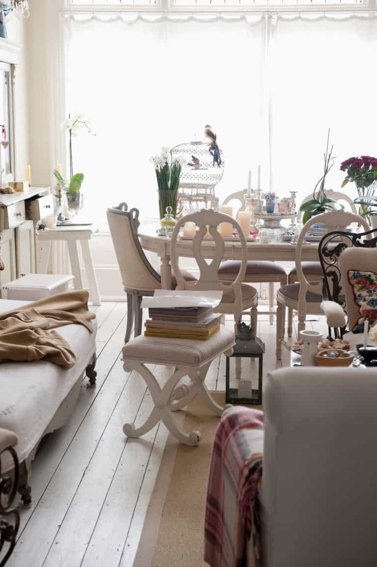 cluttered dining room that can be cleared out by asking these decluttering questions