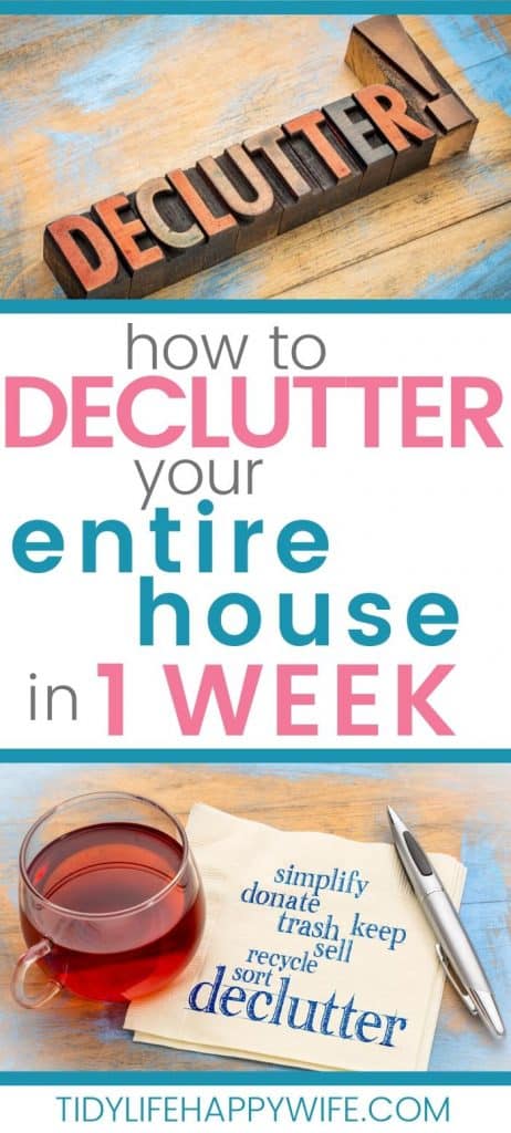 declutter sign and napkin with declutter notes, simplify, donate, trash, sell, keep, recycle, sort.