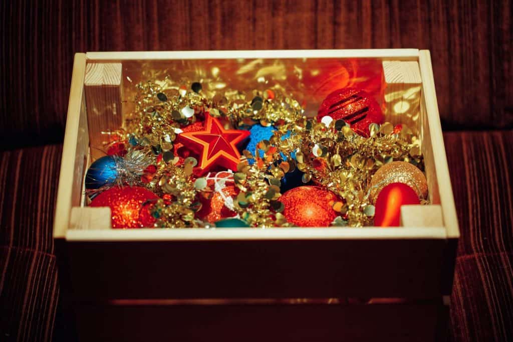 Storage box full of Christmas decorations