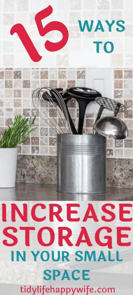 Utensils stored in a canister on the counter to increase storage in the small space