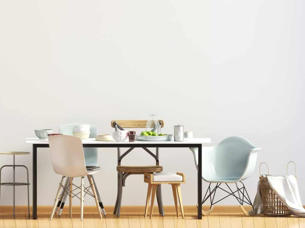 Kitchen table with dishes and gadgets 