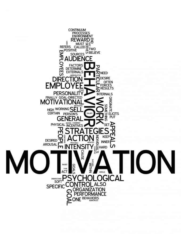 Motivation word art, behavior, reward, incentives, organization, goal, need, desire, direction.