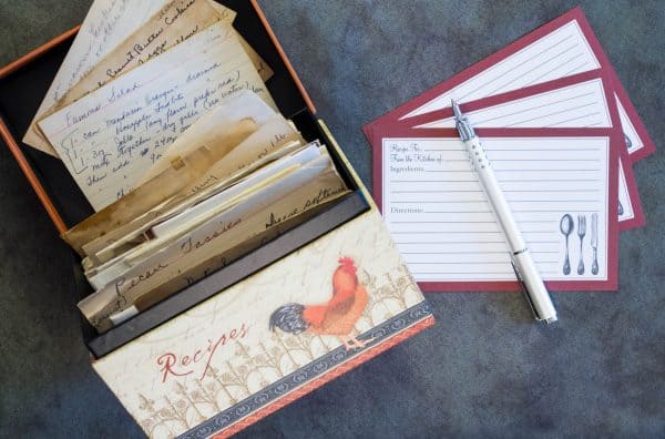 A box of recipes used during meal planning