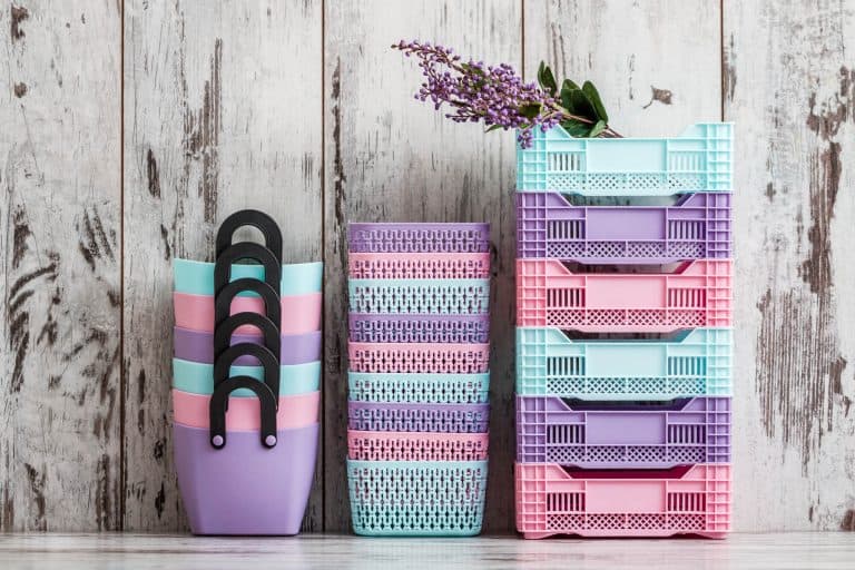 3 stacks of pastel colored organizing baskets