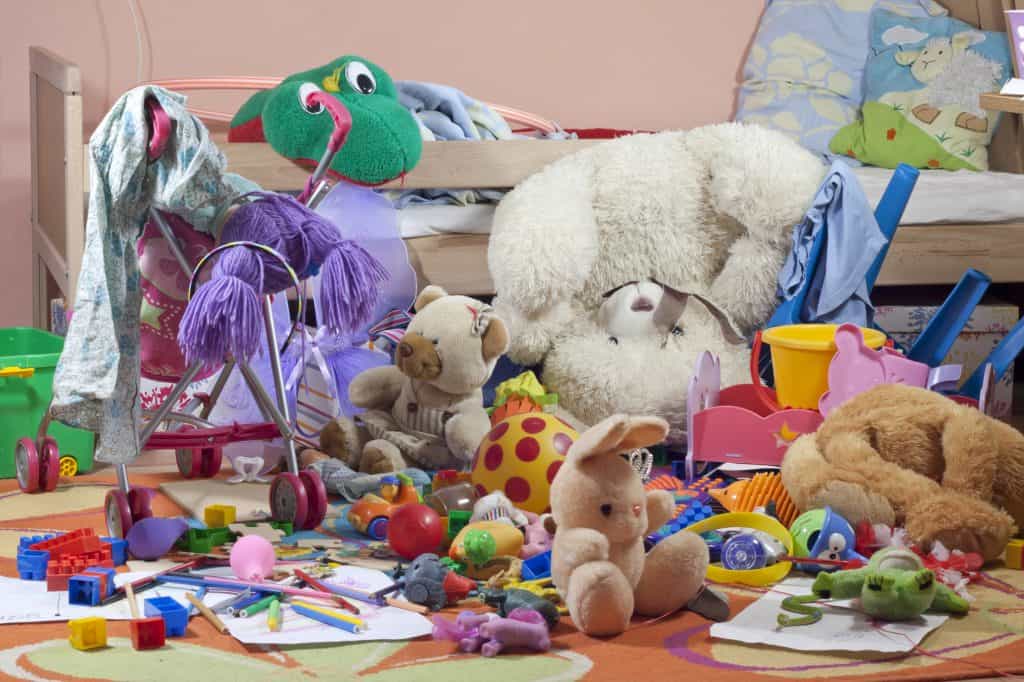 a cluttered mess of kids toys that could benefit from a quick decluttering task