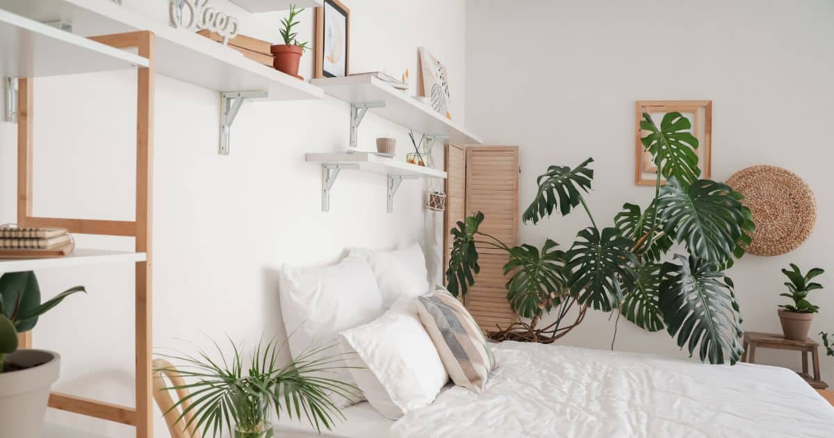 organized bedroom with vertical floating shelves