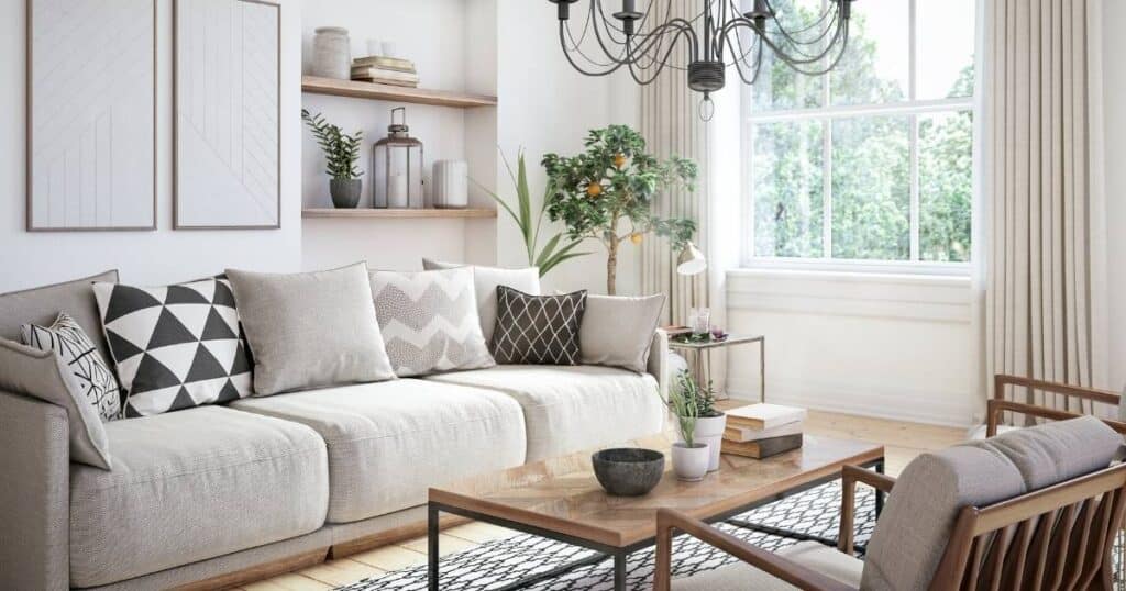 clean and tidy living room with white walls and light beige furniture