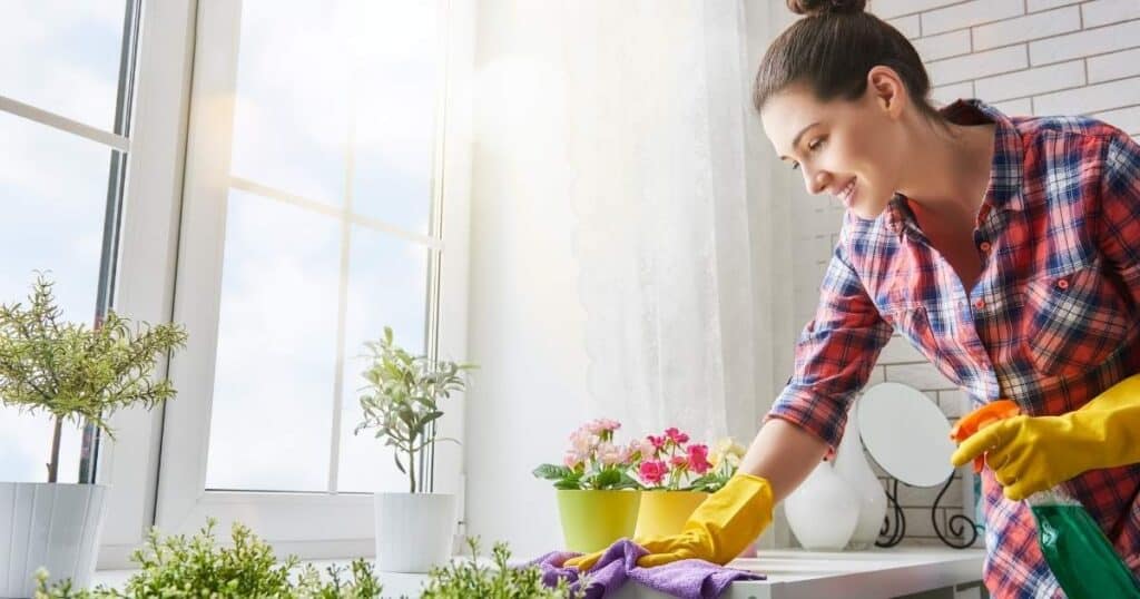 woman dusting around plants with a microfiber cloth