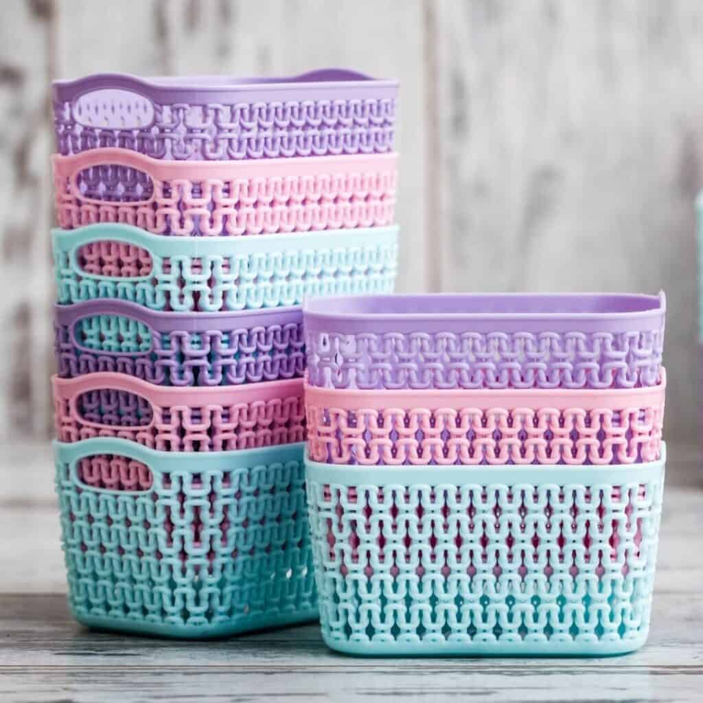 pastel plastic organizing baskets