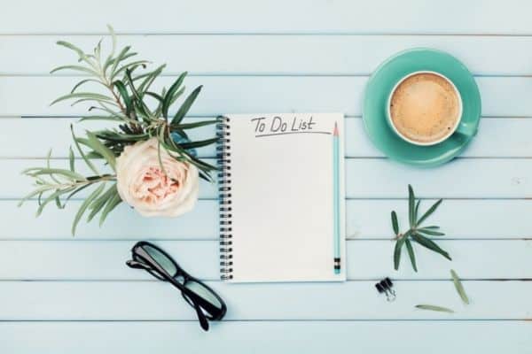 to do plan, cup of coffee, and a pink flower on a light blue background