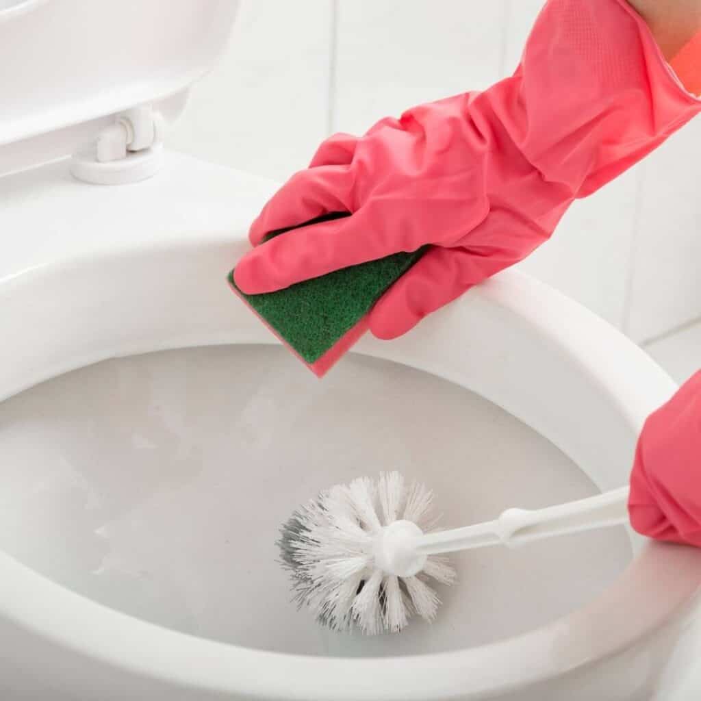woman deep cleaning a toilet