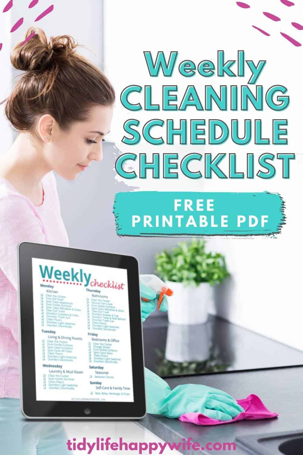 It's a challenge to keep your house clean, but a weekly cleaning routine can make all the difference. Here's a weekly cleaning checklist you can use to create a weekly cleaning schedule that works for you. Doing a little cleaning every day makes it all quicker and easier. Certain cleaning tasks for each room that make the room look the cleanest. Stop spending all weekend cleaning your home, and start getting it all done during the week. Free weekly cleaning checklist s printable pdf.  via @Tidylifehappywife